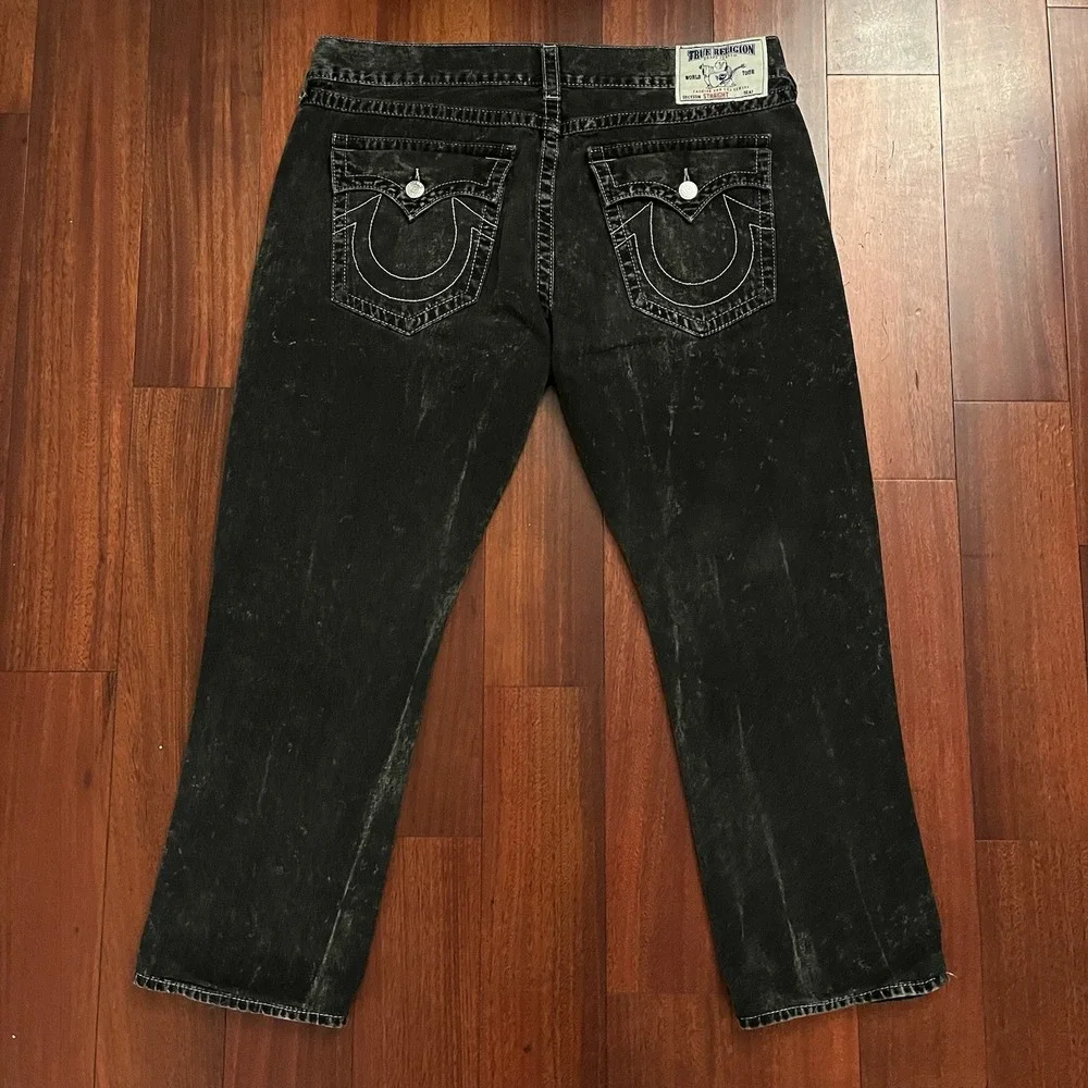 True Religion Jeans Men 40 Black Ricky Flap World Tour Straight Baggy 42x29 Y2k